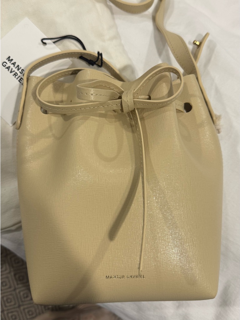 Mansur Gavriel Cream Leather Mini Bucket Bag With Bow Drawstring